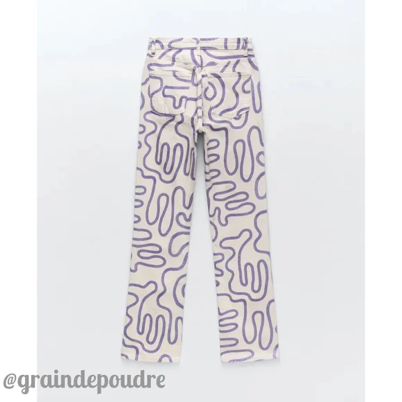 Rare Zara Purple Squiggle Graffiti Print Off White Straight Leg Jeans 36 4 42 10 - Picture 3 of 6